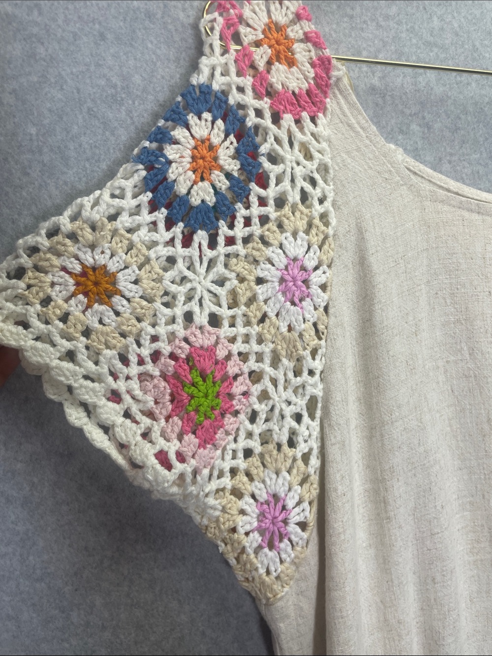 Umgee Donna Linen Blend Crochet Grandma Square Hippie Cottagecore Frayed Hem Top - Picture 4 of 9